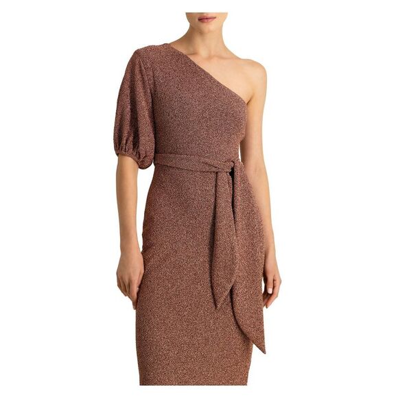 ML MONIQUE LHUILLIER Womens Brown Tie Belt Elastic Cuff Sleeve Midi Dress 6 - Picture 3 of 3